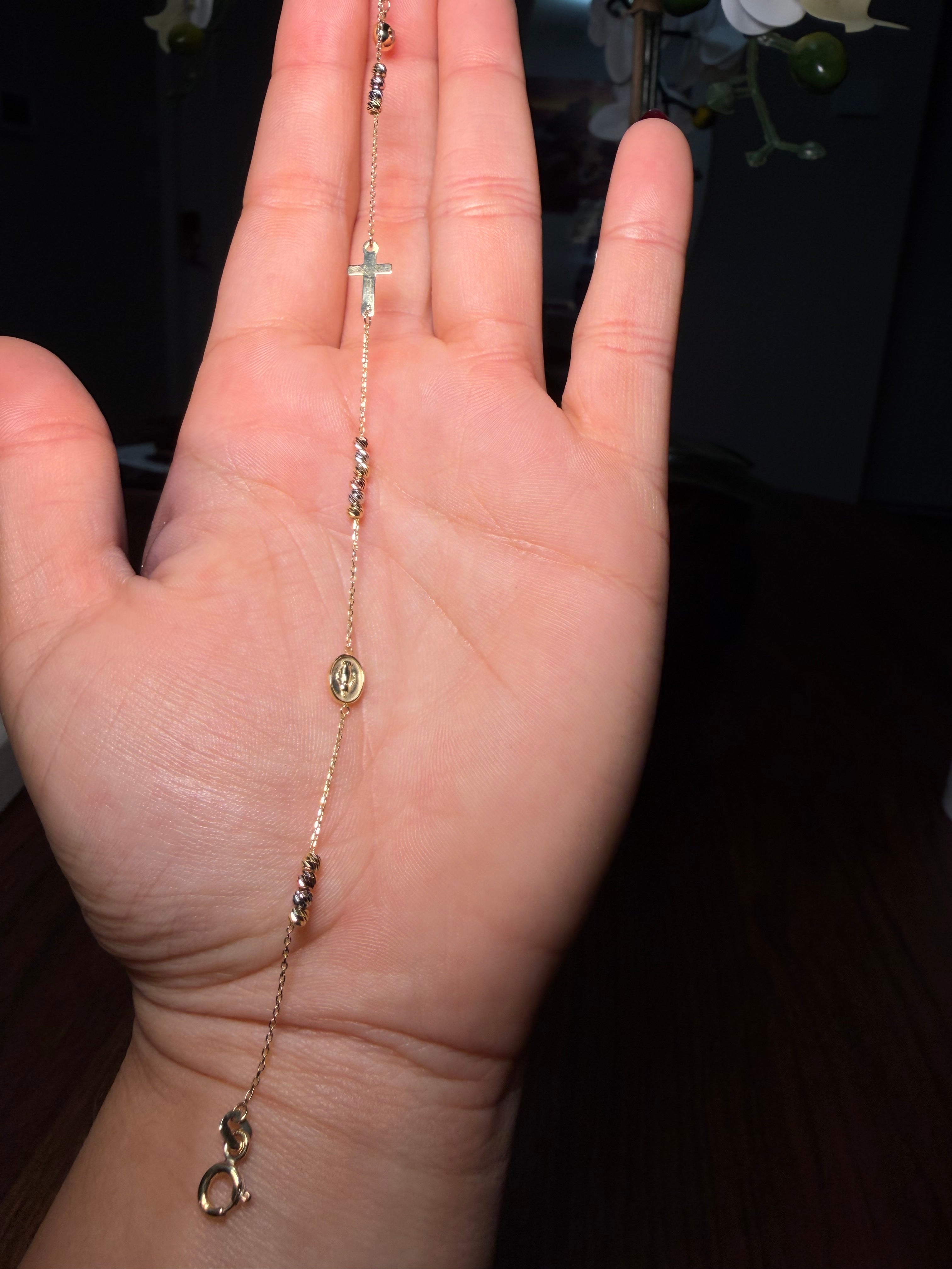 Tri-color Gold Rosary Bracelet with Cross and Virgin Mary