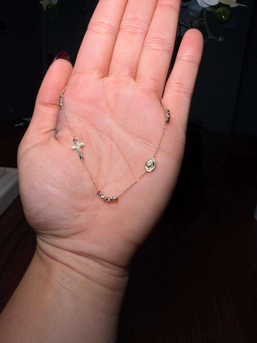 Tri-color Gold Rosary Bracelet with Cross and Virgin Mary